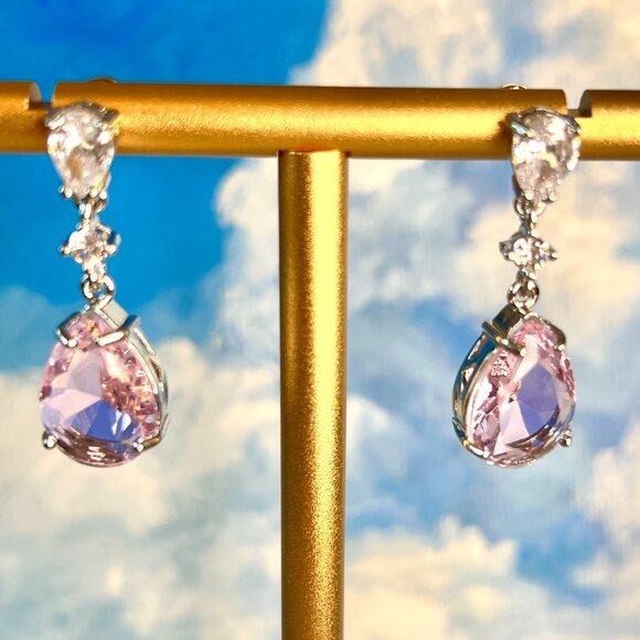 Pink Raindrop Chandelier Earrings - CZ, Crystals - Picture 5 of 6